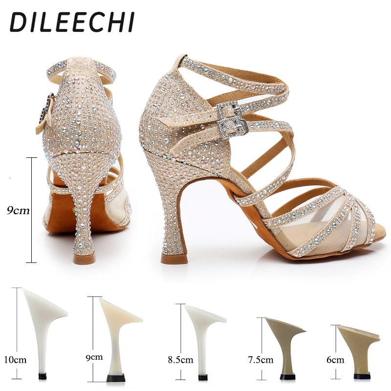 DILEECHI Latin Dance Shoes Gold Glitter Rhinestones With Net Womens Ballroom Dancing Shoes Salsa Soft Outsole Cuba Heel 9cm 240607