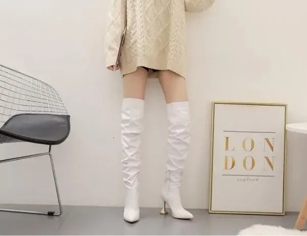 Women Winter Pointed Leather Stiletto Toe White Heeled Knee Boots Wine Glass Heel Side zipper Thigh Gigh Booties