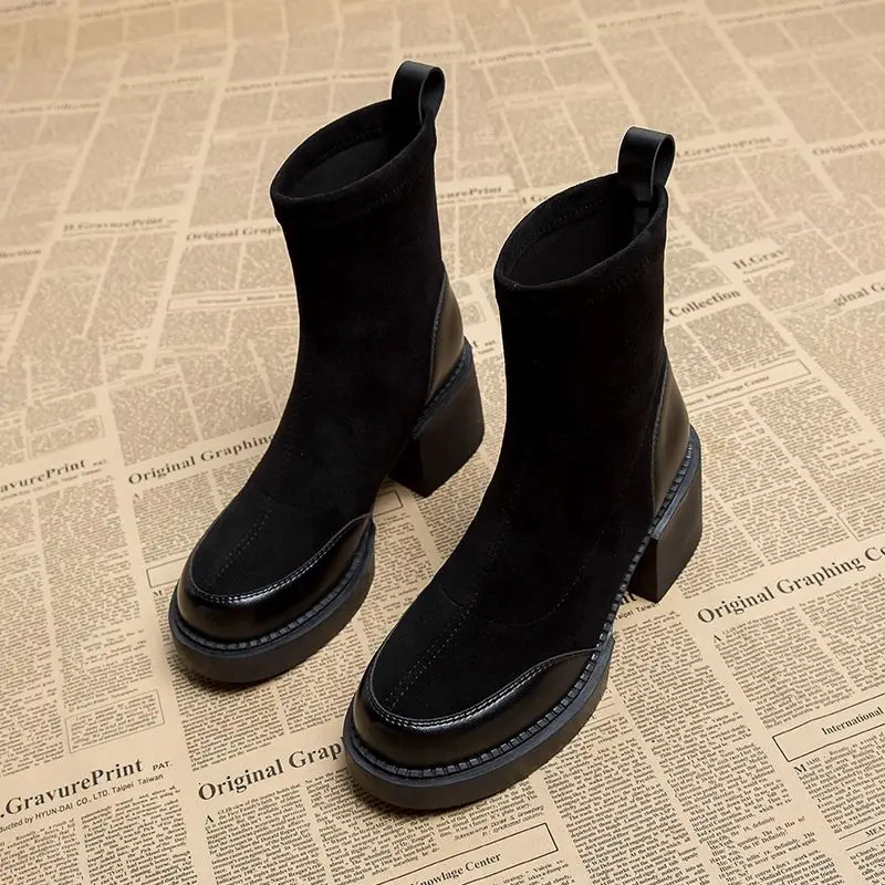 Short Shoes for Woman Black Womens Ankle Boots Sock Footwear Combat Booties Very High Heels Suede Punk Style Heeled Autumn Boot 240611