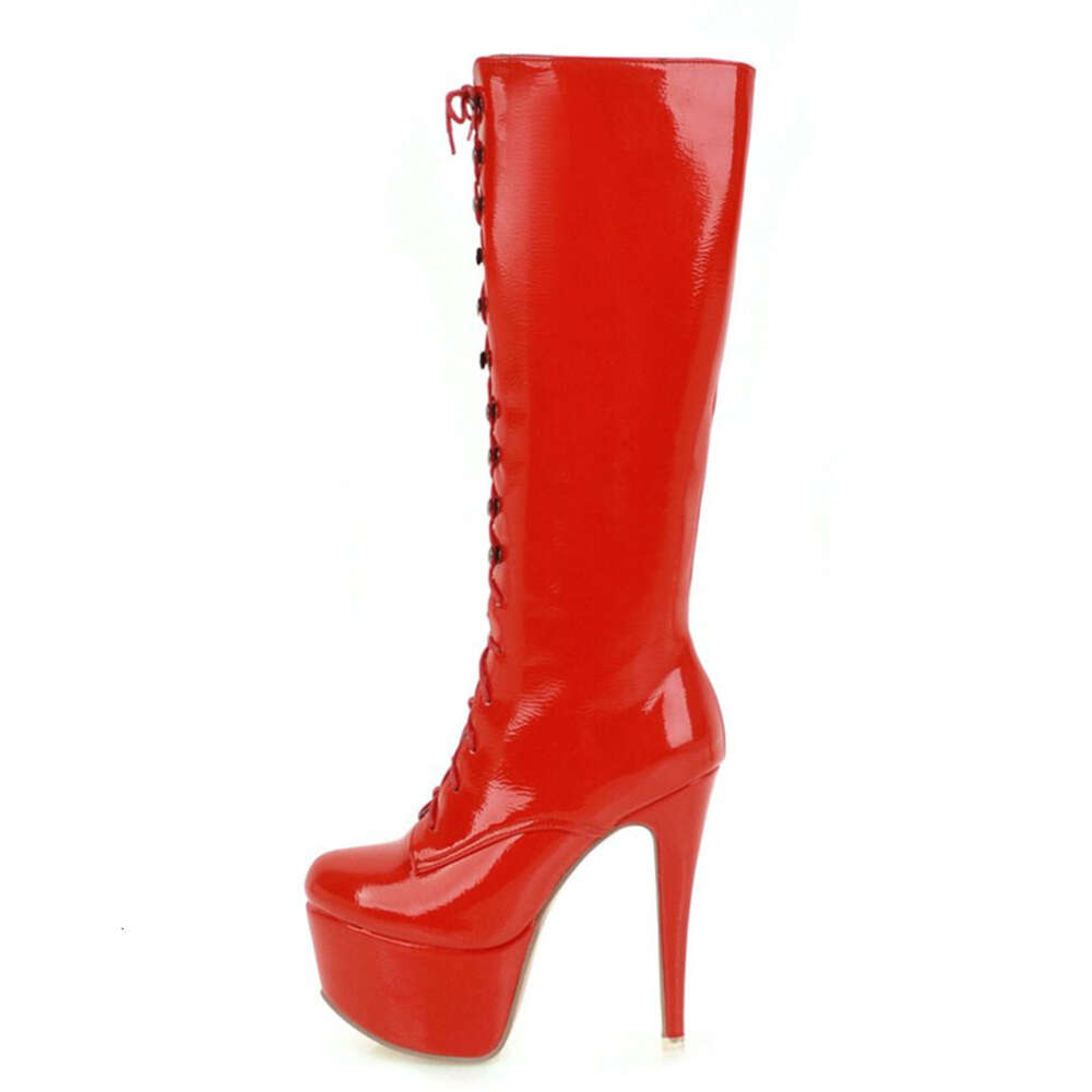 Red Knee Boots Women Platform Sexy High Heels Winter Shoe Lace-Up Black White Women's Long Boot Fetish Shoes Large Size 48