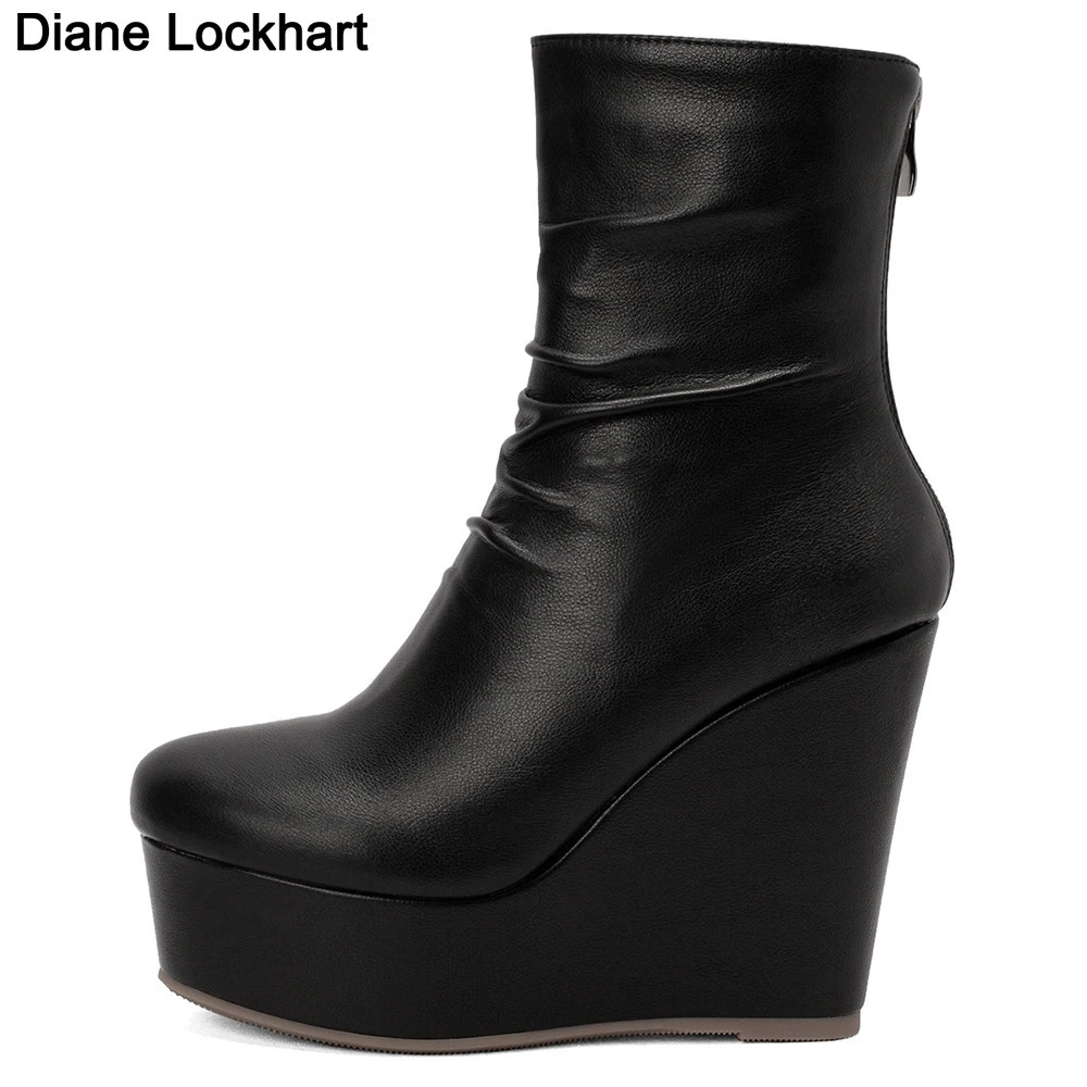 Wedges Ankle Boots Women Winter Autumn Shoes Fashion Faxu Leather Platform Womens Short Boots Sexy High Heels Black Shoes Femal 240611