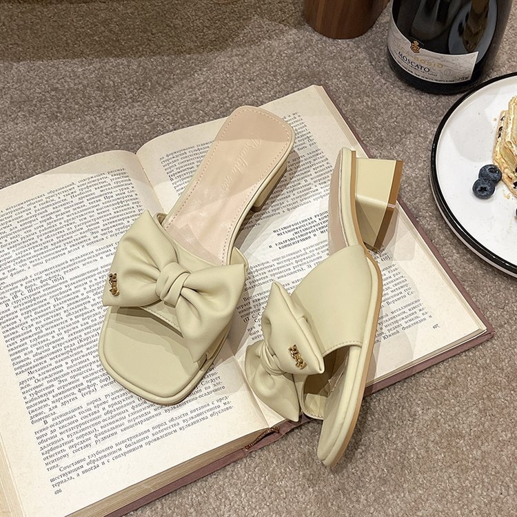 Large New Open Summer 2024 Toe One Piece Women's Outer Wear Square Head Bow Tie Middle Heel Cool Drag 01 Lhshoe