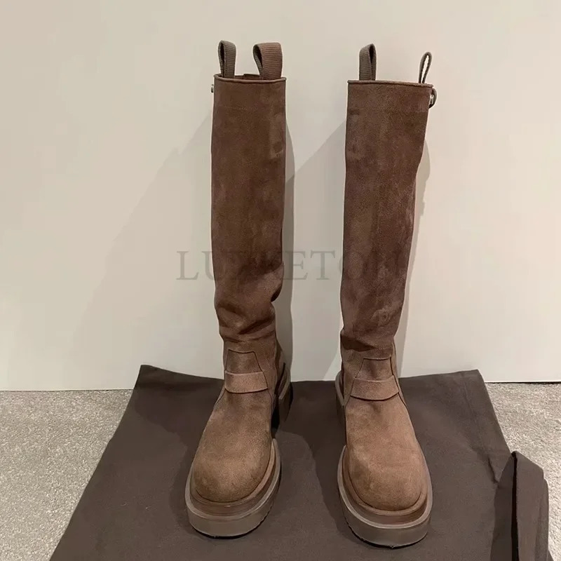 Women Spring Thick-soled Fashion Winter Knee-high Quality Suede Long Comfort Round Toe Botines Mujer Knight Boots