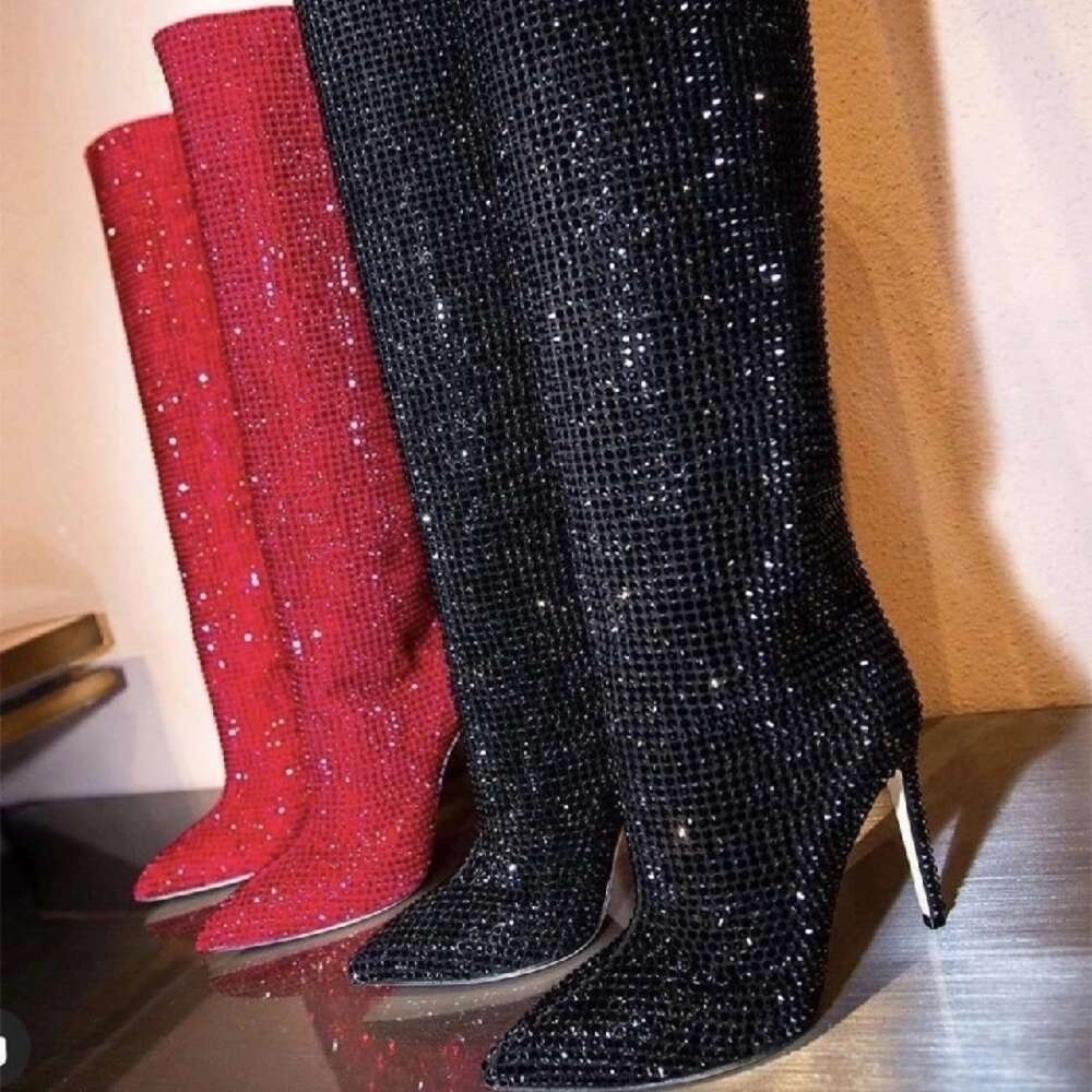 Fashion Women Rhinestone Knee High For Women's Pointed Toe Stiletto Siery Long Botas Mujer 2024 Slip-On Wedding Boots