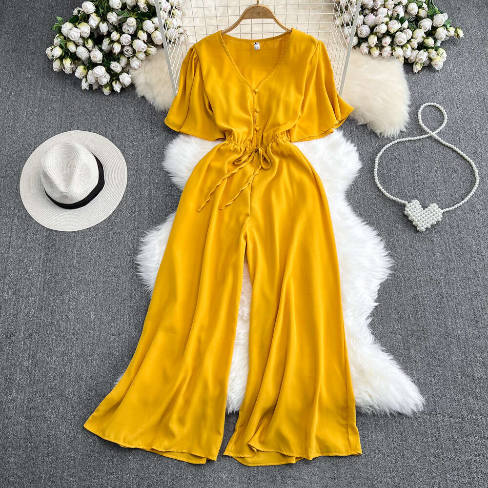 24ss Summer Korean Fashion Flare Sleeves V-Neck jumpsuit Casual High Waist Slimming Straight Leg Wide Leg Pants jumpsuit