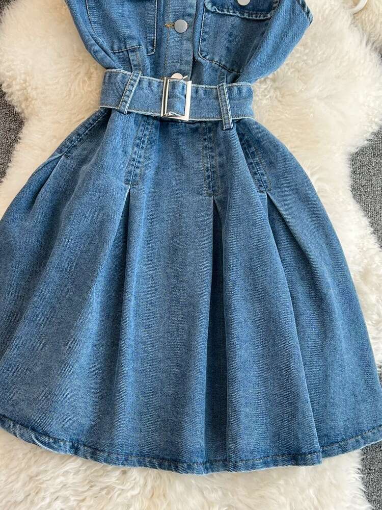 Summer French Style Sleeveless V-neck Hanging Neck and Waist Wrapping for Slim and Small Figure A-line Fluffy Denim Dress for Women