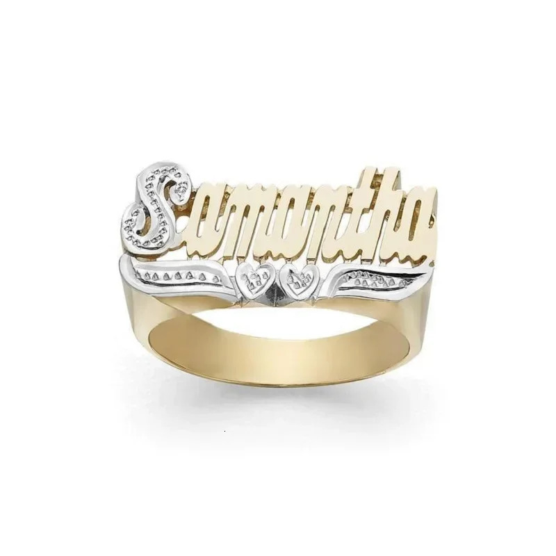 DIY Alloy Two-Tone Engraved Name Ring Custom Name Ring Stainless Steel Two Finger Open Ring 240530
