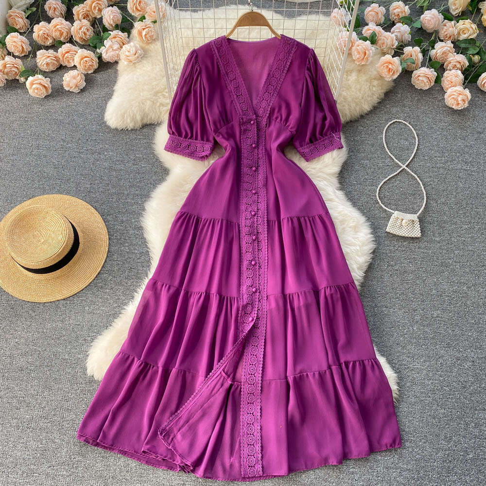 French Court Style Lace V-neck high-grade dress with closed waist short sleeves single breasted long skirt