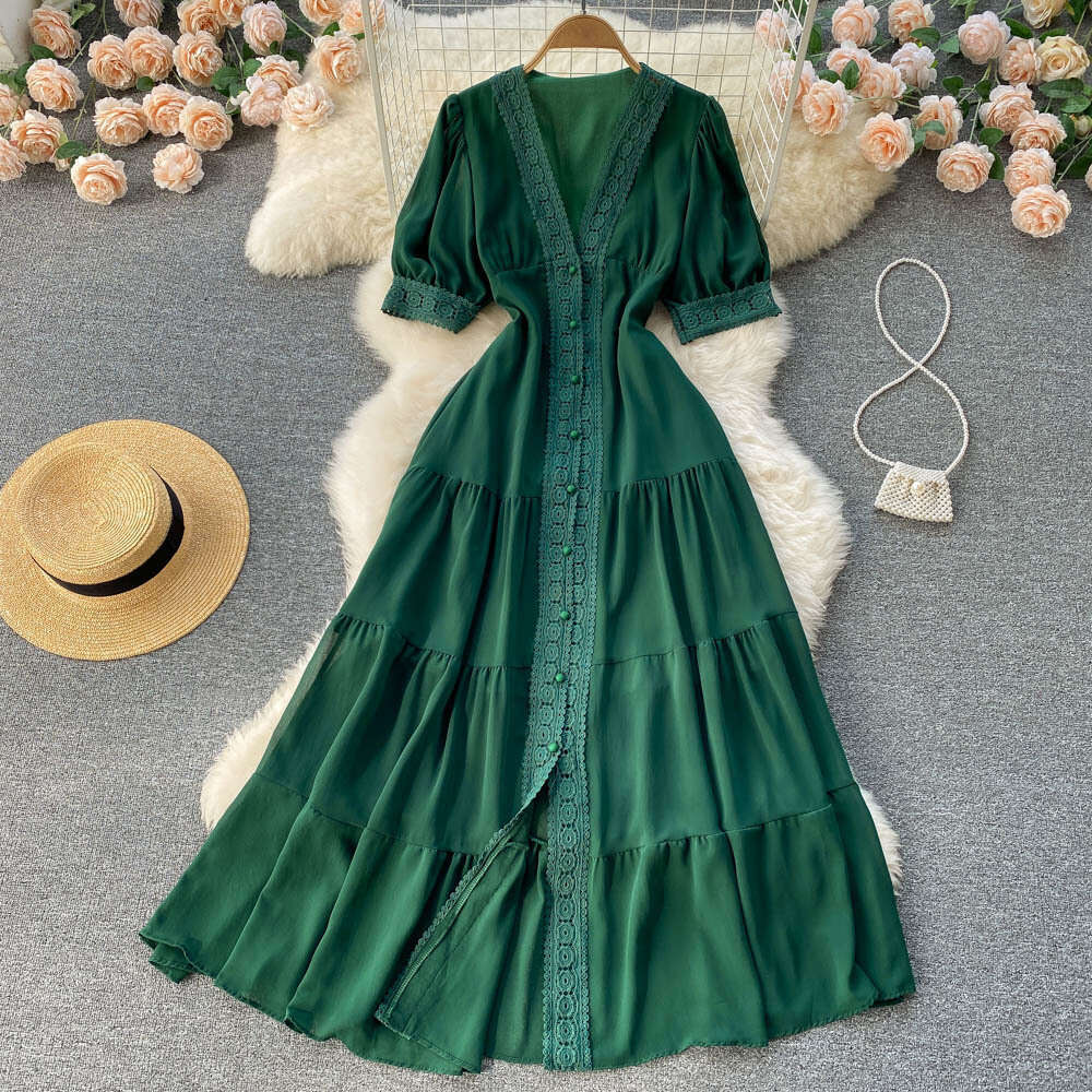 French Court Style Lace V-neck high-grade dress with closed waist short sleeves single breasted long skirt