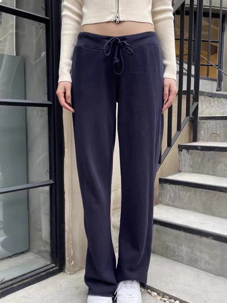 Retro Solid Drawstring Wide Leg Pants Women Spring Gray Casual High Waist Joggers Sweatpants Femme Y2k Streetwear Loose Trousers 240530