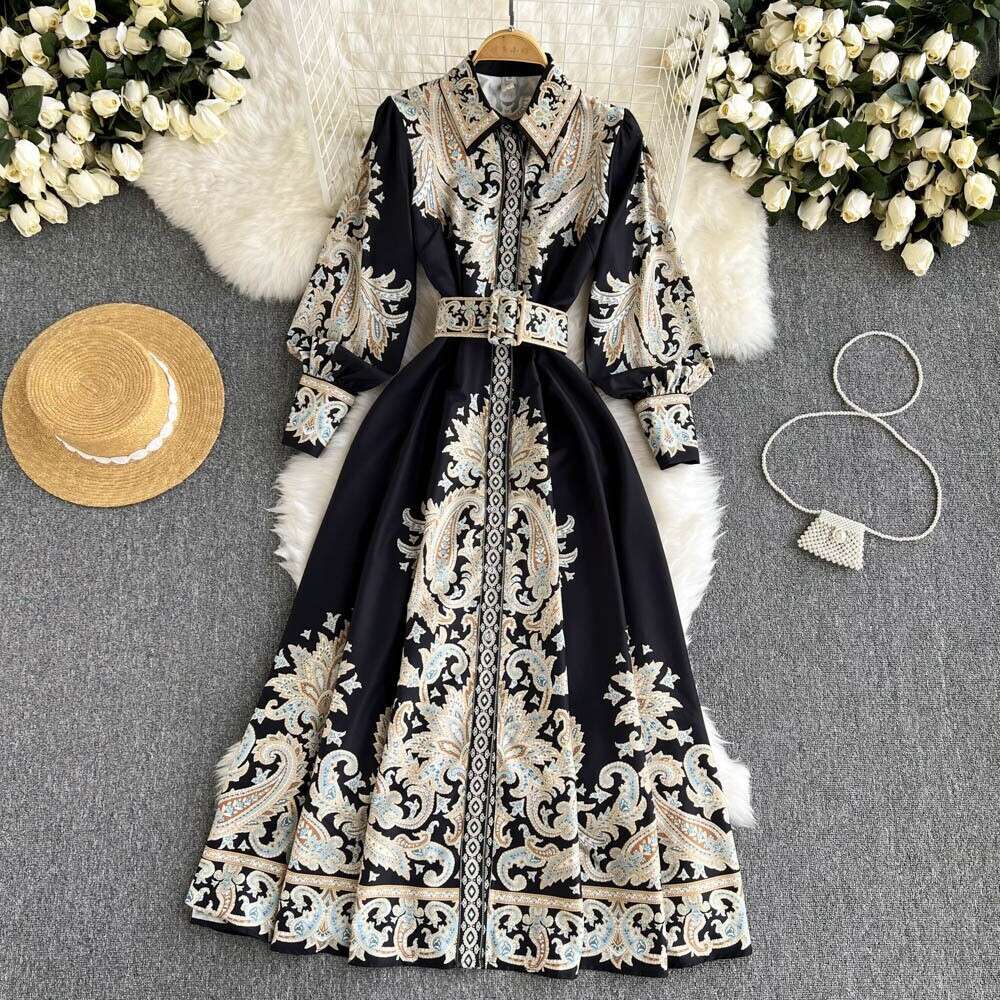 Spring new court style long sleeved floral polo dress French waist strap temperament slim skirt