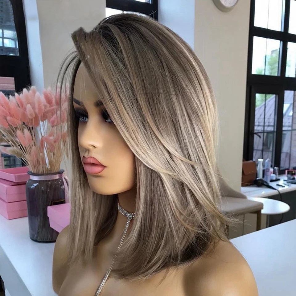 Free shipping Ash Brown Highlight 360 Frontal Pre Plucked Short Bob Straight Wig Lace Front Human Hair Wigs for Women