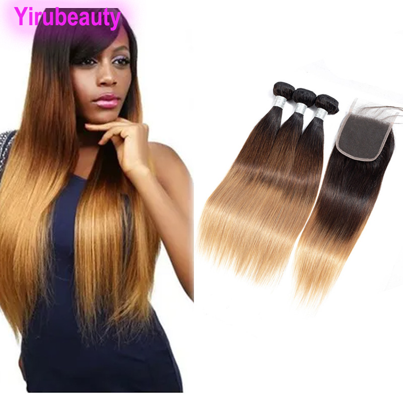1B/4/27 ThreeTones Color 3 Bundles With 4X4 Lace Closure Brazilian 100% Human Hair Extensions Straight Free Part 10-30inch