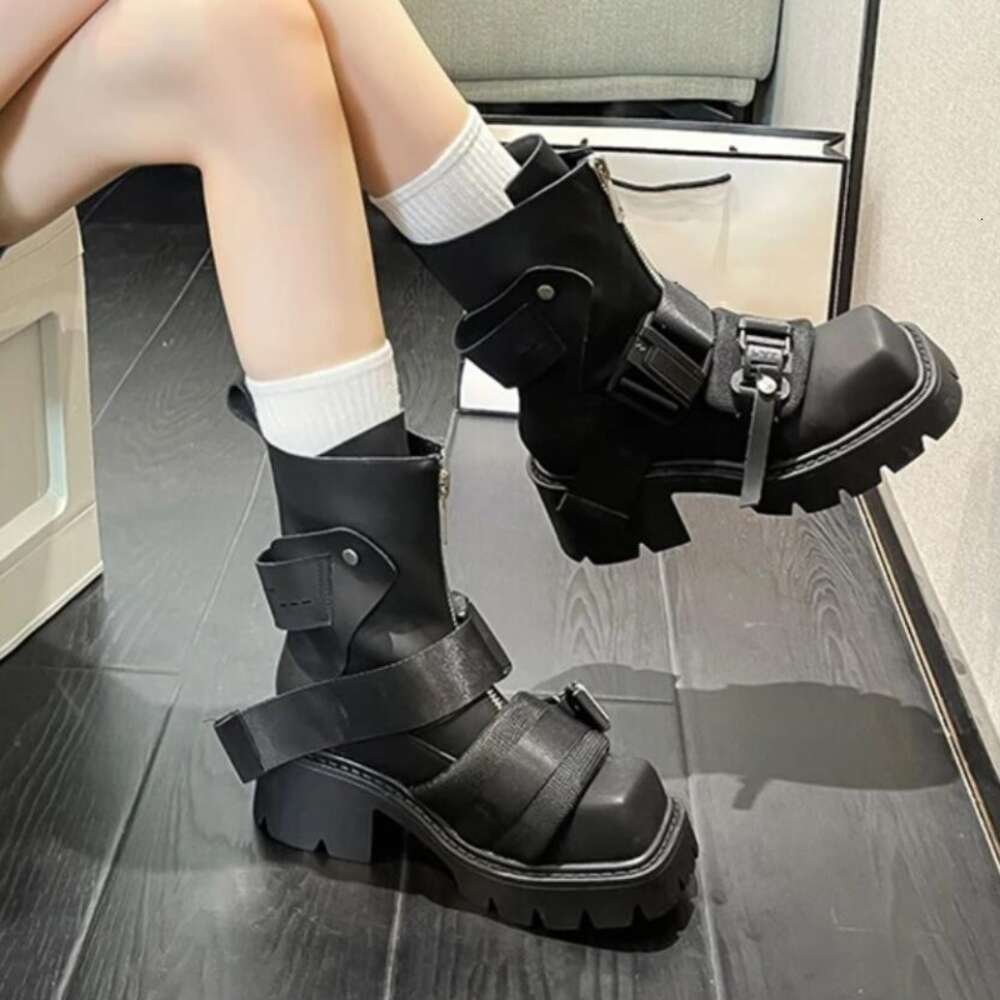 New Fashion Women Motorcycle Genuine Leather Thick Sole Zipper Belt Buckle Ankle Boots Street Modern Shoes