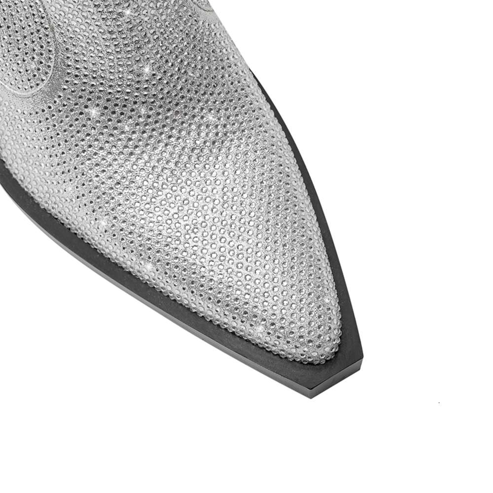 Kaky's New Pointed Rhinestone Thick High Heels Large Women's Short Western Boots