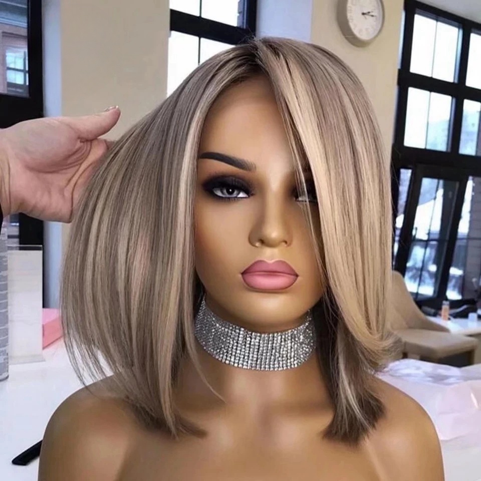 Ash Blonde Brown Bob Highlight Glueless Short Straight Front Wigs Human Hair 13X4 HD Lace Frontal Wig