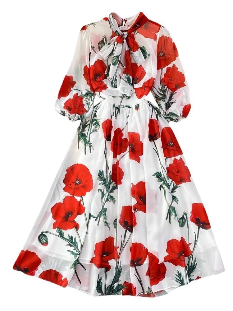 French Hepburn Bow Tie Up Waist Slim A-line Printed Chiffon Dress Elegant Large Swing Long Dress