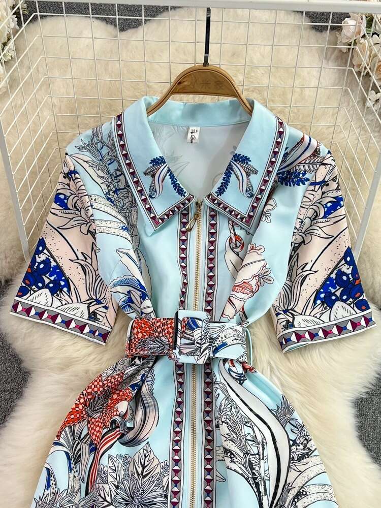 24ss Summer haute couture temperament short sleeved lapel with waistband for slimming positioning print A-line shirt dress