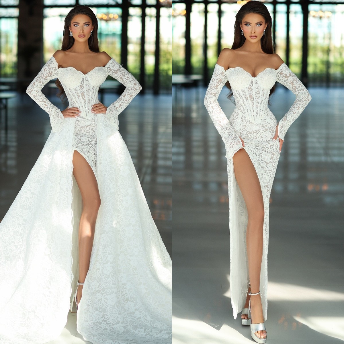 Gorgeous Lace Mermaid Dress With Detachable Train Off Shoulder Fulllace Wedding Dresses Bridal Gowns Long Sleeves Backless Lacefull Robe De Mariage Lz