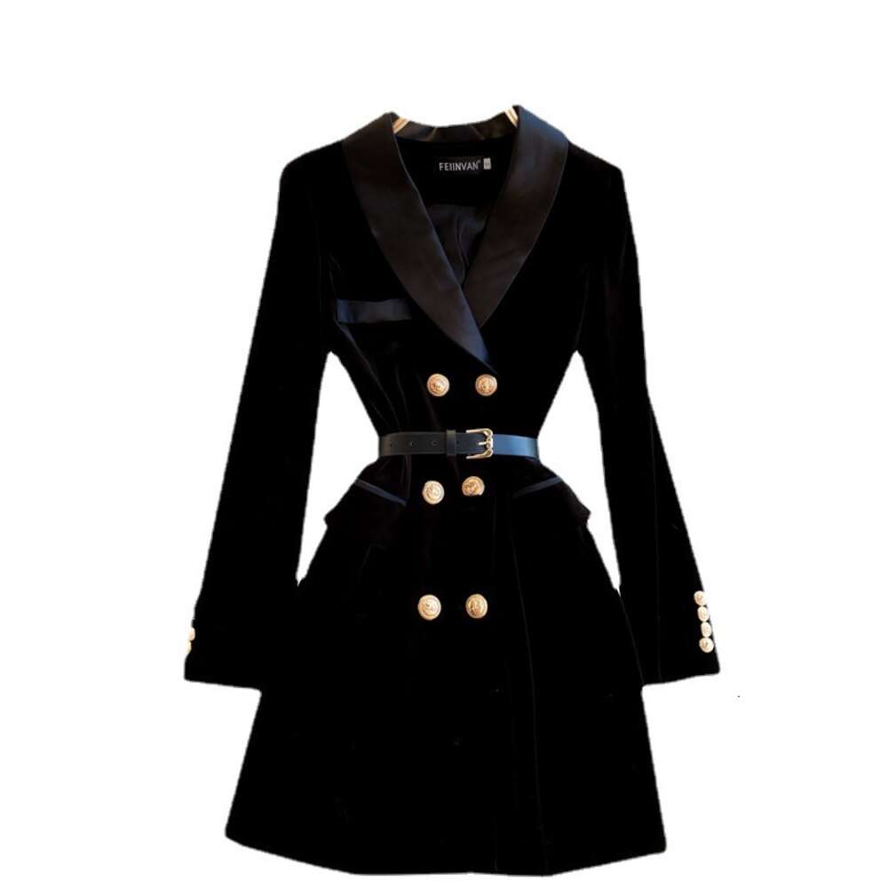 winter dress new womens suit collar Fashion British style double breasted slim velvet dress