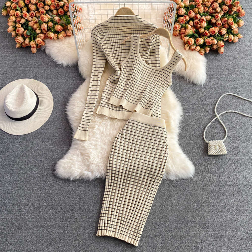 Fashion suit skirt slim knit Lapel top sleeveless vest three piece set high waist striped Hip Wrap Skirt women