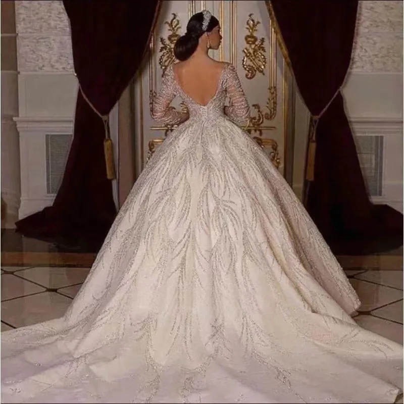 Ball Stunning Princess Wedding Dresses For Women Long Sleeves Turkish Bridal Gowns Backless Sequin Vestido De Noiva 2024 Crystals Arabic Shiny Wed Gow