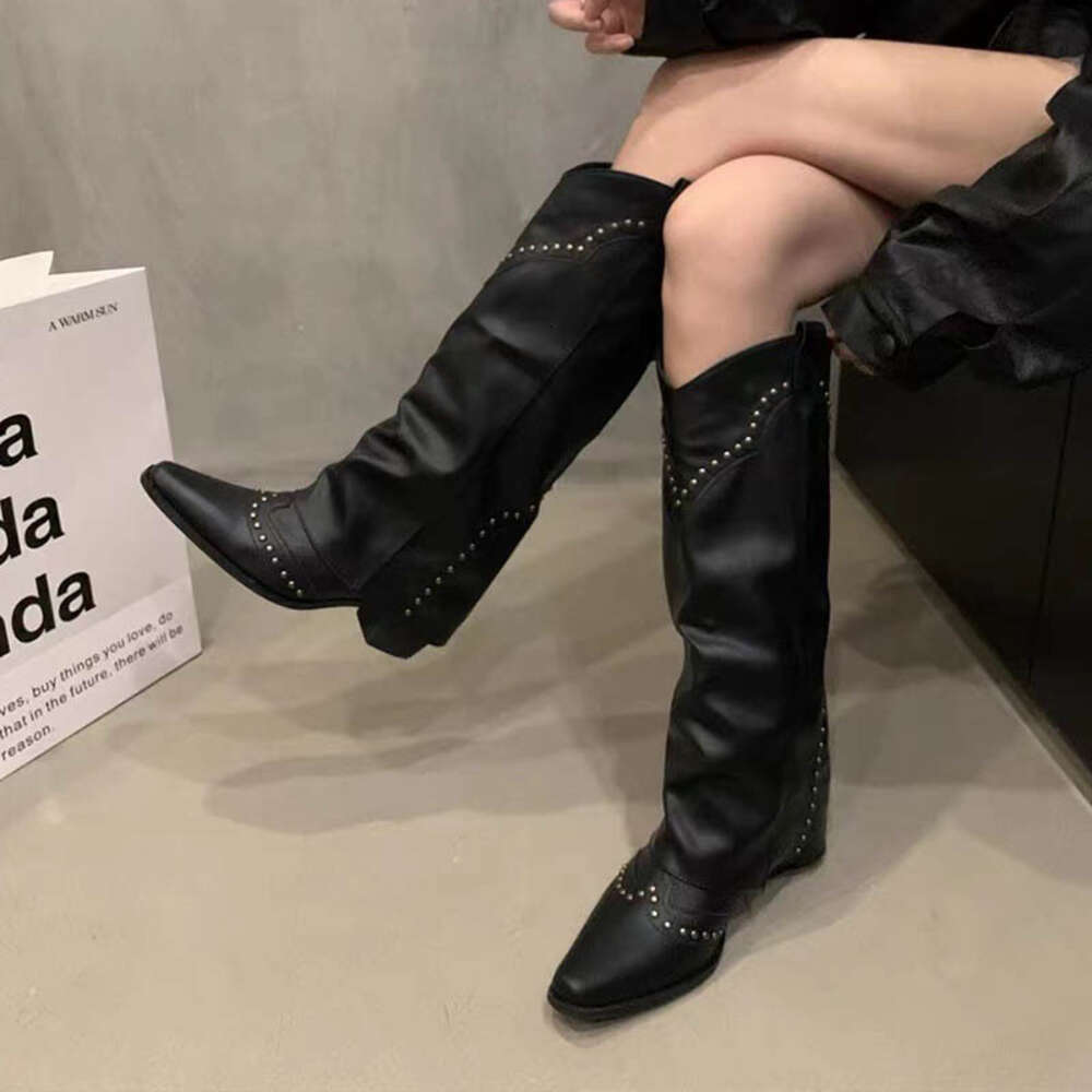 Retro Red-Brown Pointed Toe Rivet Western Trouser Woman Winter 2024 Black Slip-On Thick Heel Trendy Boots For Women