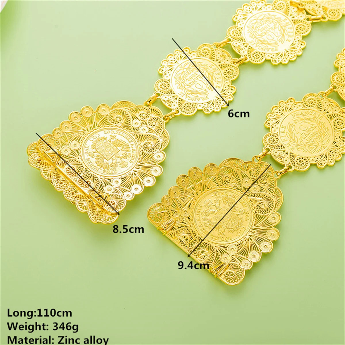 Algerian Coin Bridal Belt Gold Plated Metal Hand-Made Fine Carved Napoleon Head Arab Traditional Festival Dress Waist Chain Jewe 240531
