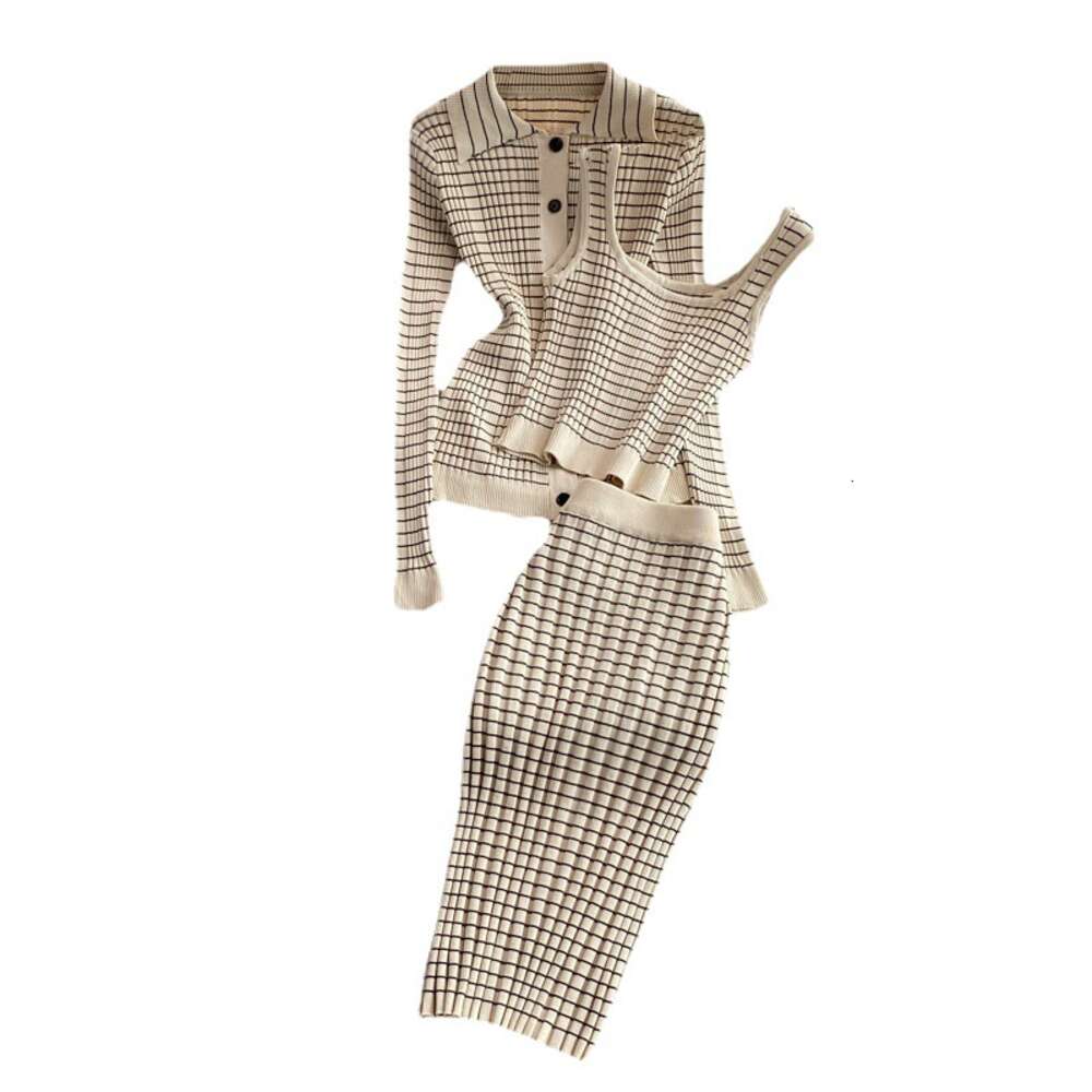 Fashion suit skirt slim knit Lapel top sleeveless vest three piece set high waist striped Hip Wrap Skirt women