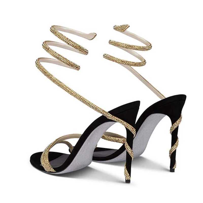 Rhie Toe Open Crystal Eilyken Woman Sandals Design Sexy Thin High Heels Party Prom Shoes Fashion Ankle Strap Pu