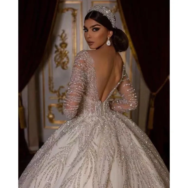 Ball Stunning Princess Wedding Dresses For Women Long Sleeves Turkish Bridal Gowns Backless Sequin Vestido De Noiva 2024 Crystals Arabic Shiny Wed Gow