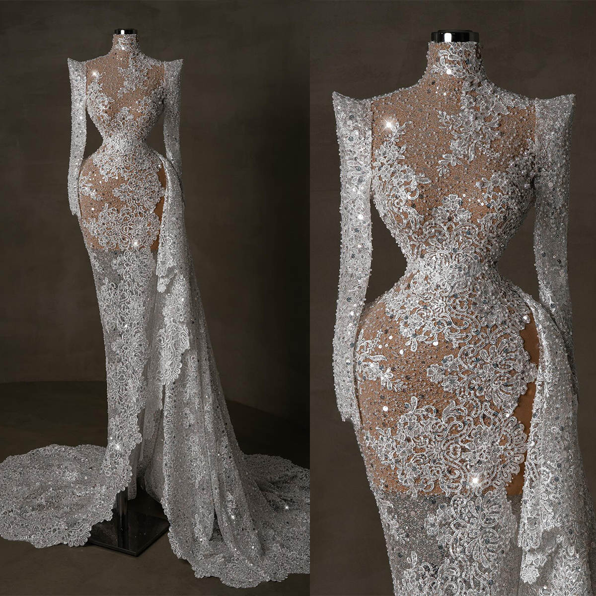 Fashion Mermaid Wedding Dresses Lace Appliques Sequins Beads Side Split High-Neck Court Gown Pleat Custom Made Plus Size Bridal Gown Vestidos De Novia