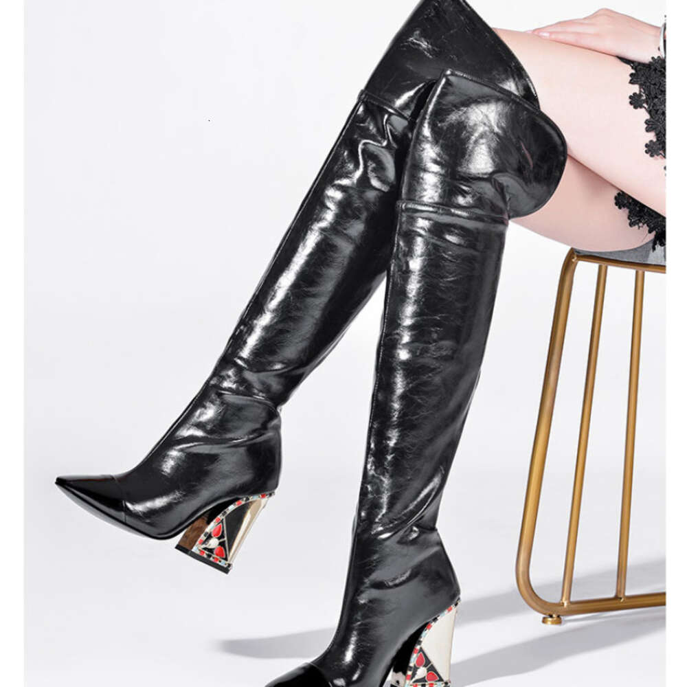 Colored Rhinestone Cowhide Mid Tube/Knee Length Boots Thick Heeled Square Toe Black Gold Runway Performance High Heels