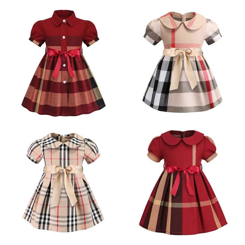 Designer Baby Girls Dress Kids Lapel College Short Sleeve Pleated Shirt Skirt Children Casual Clothing Kids Clothes