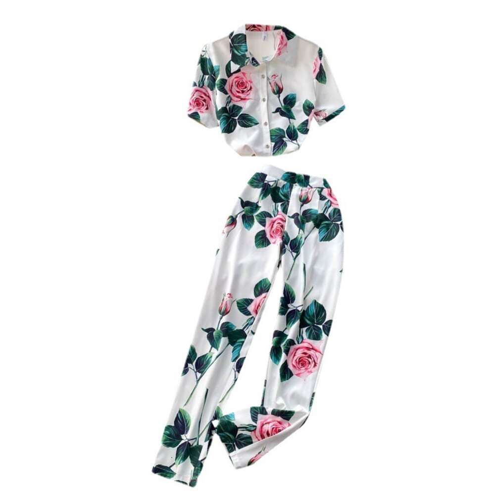 High end professional suit womens Shirt Short Sleeve elegant printing temperament versatile High Waist Wide Leg Pants fashionable two piece set