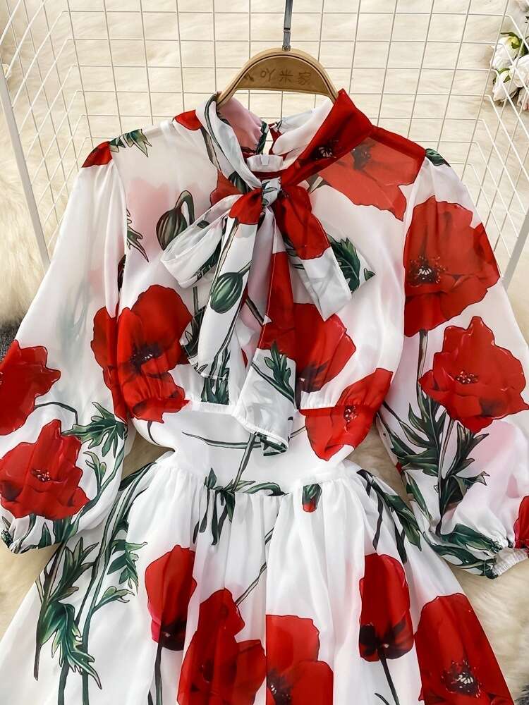 French Hepburn Bow Tie Up Waist Slim A-line Printed Chiffon Dress Elegant Large Swing Long Dress