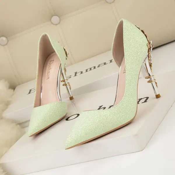 Bridal Slip Dress Shoes Hollow On Metal Heels Sexy Pump Bg Sandals Ladies Lace-Up Pointed Wedge Bride Slip-On Metalic CrossdrL