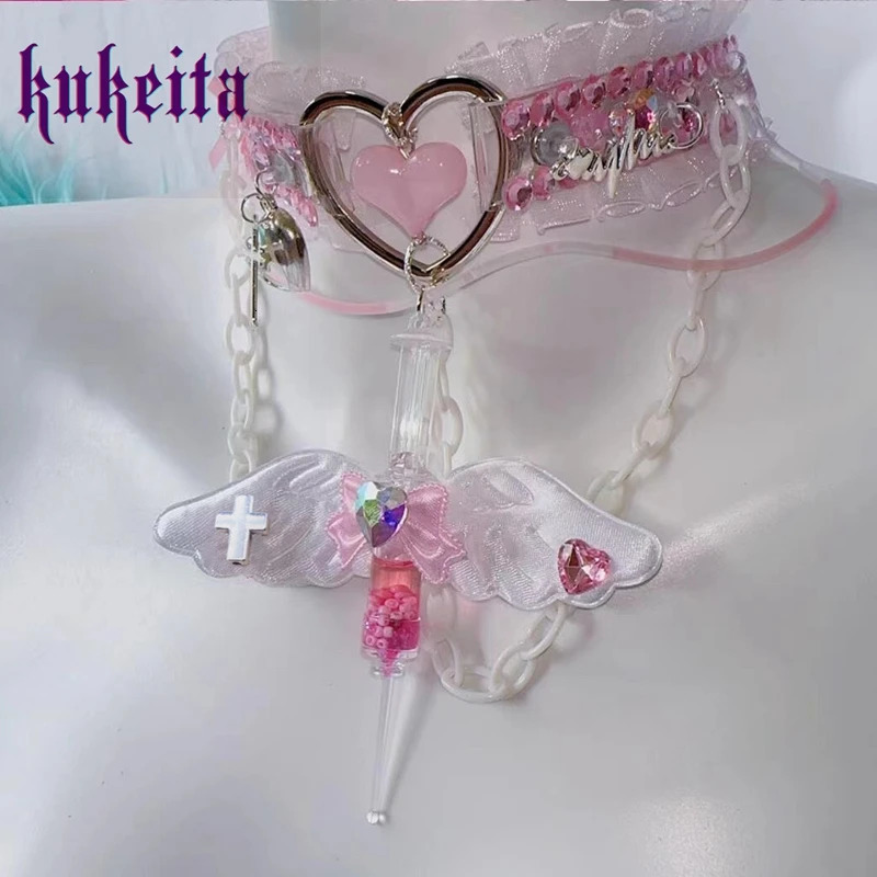 Kukeita Handmade Kawaii Angel Wing Bow choker Y2k Harajuku Love Rhinestone Ruffles chain Necklace Lolita Accessories 240531
