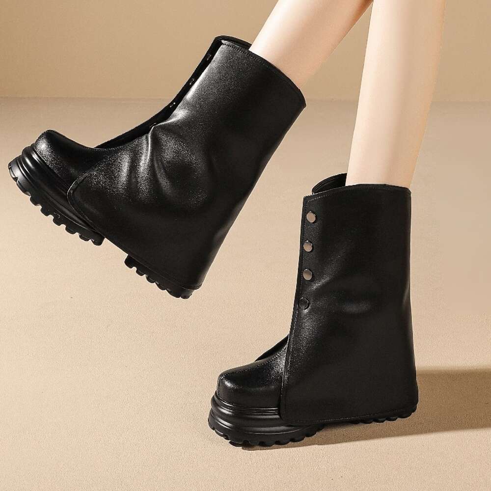 Spring Autumn New Slim Height Increasing Wedges Platform Buckle Genuine Leather Women Mid-Calf Modern Trouser Boots Winter Plush