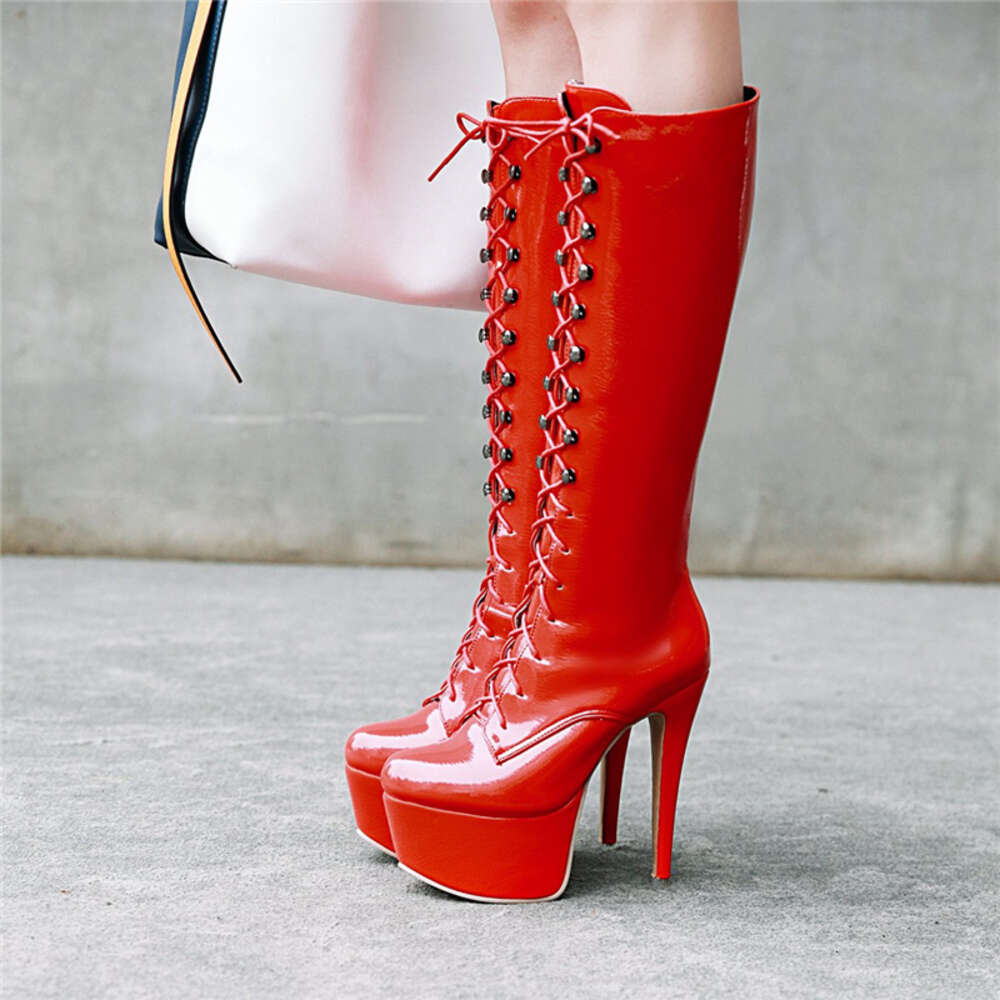 Red Knee Boots Women Platform Sexy High Heels Winter Shoe Lace-Up Black White Women's Long Boot Fetish Shoes Large Size 48