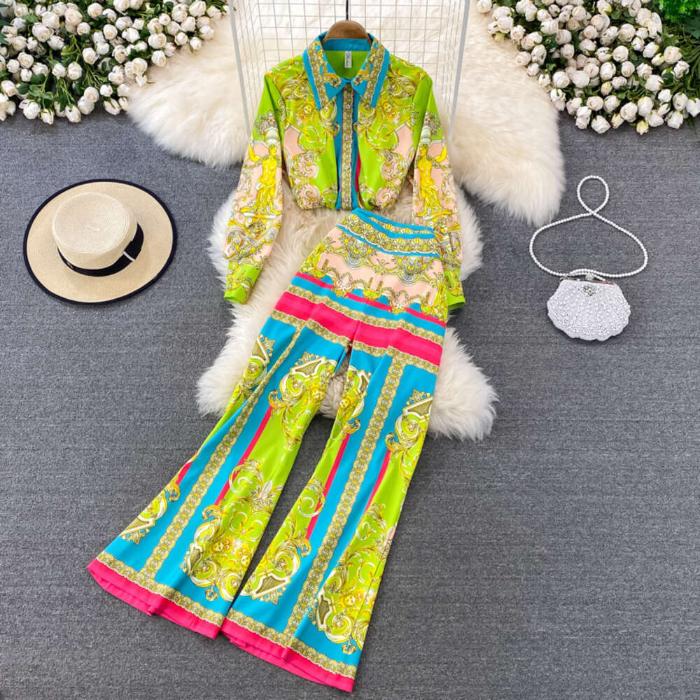 Fashion suit womens loose thin positioning printed shirt womens high waist wide leg pants micro Bell-bottoms long pants