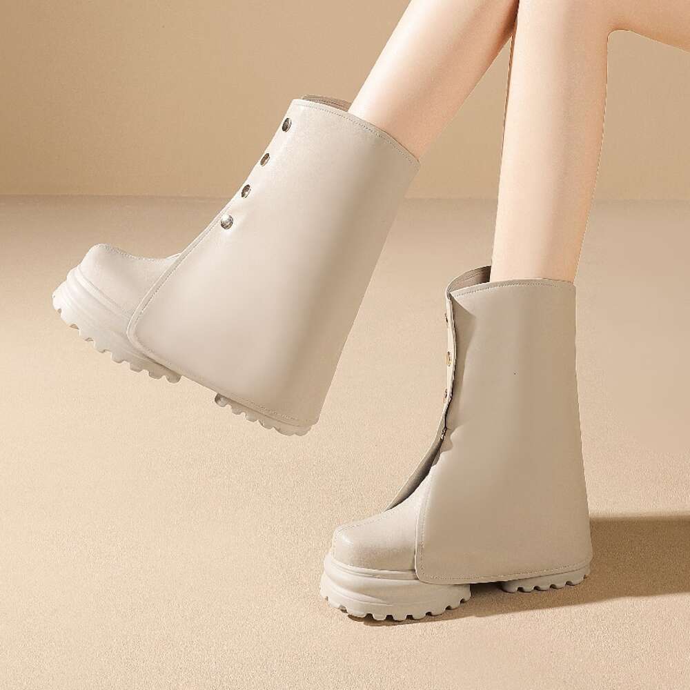 Spring Autumn New Slim Height Increasing Wedges Platform Buckle Genuine Leather Women Mid-Calf Modern Trouser Boots Winter Plush