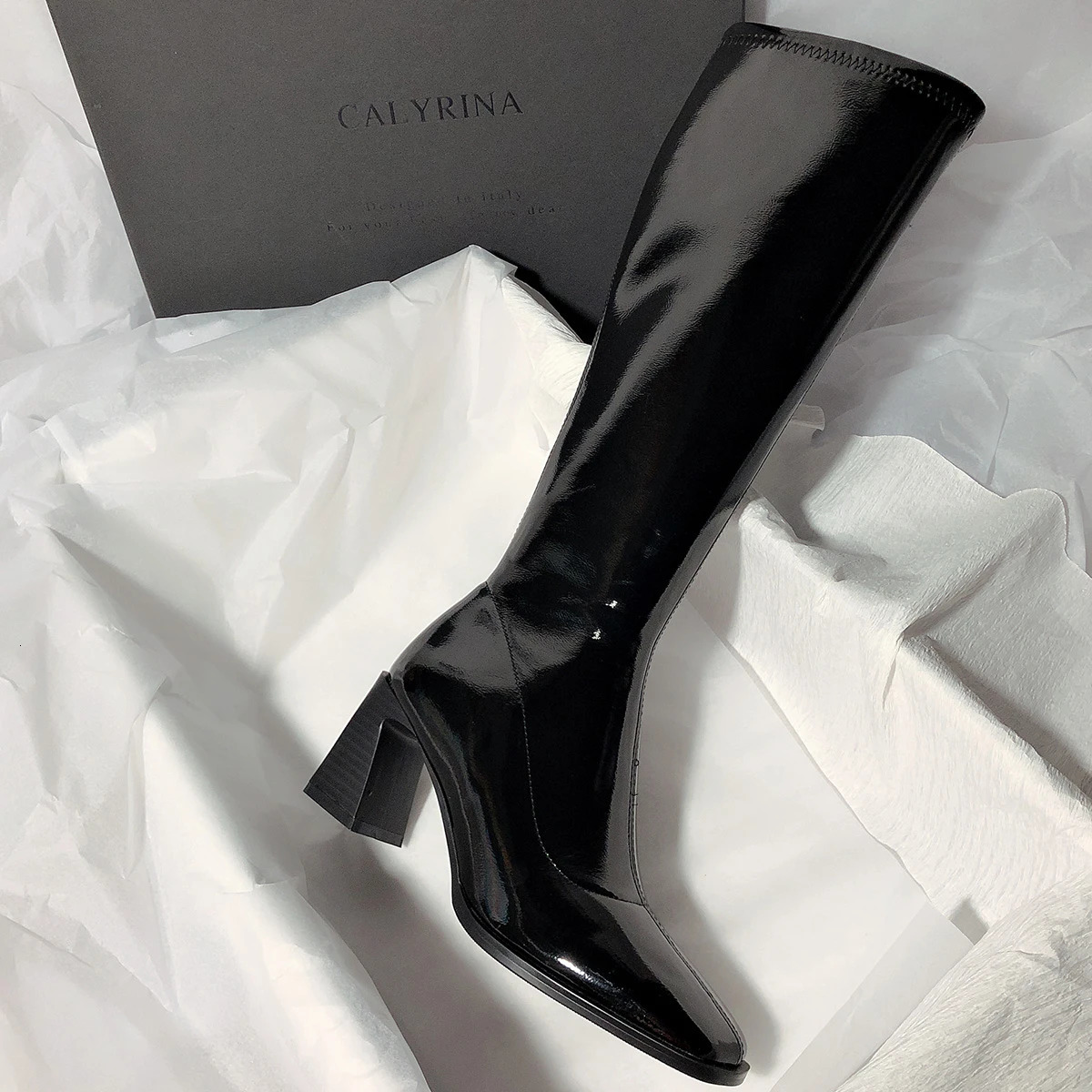 Designer Boot Luxury Boot Black Boot 7Cm Women Long Boots High Quality Leather Patent Leather Ladies Zip Knight Boots Fashion High Heel Knee-High Lady