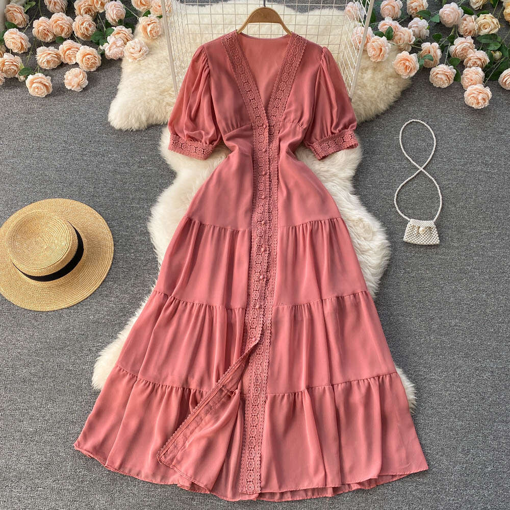 French Court Style Lace V-neck high-grade dress with closed waist short sleeves single breasted long skirt