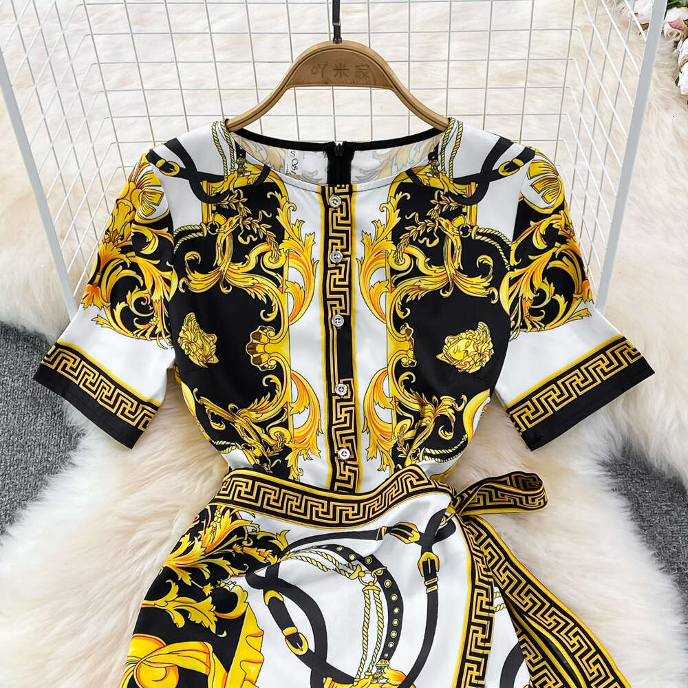 Summer high-end style round neck short sleeved printed color with waistband tie up for a slim and irregular A-line dress for women