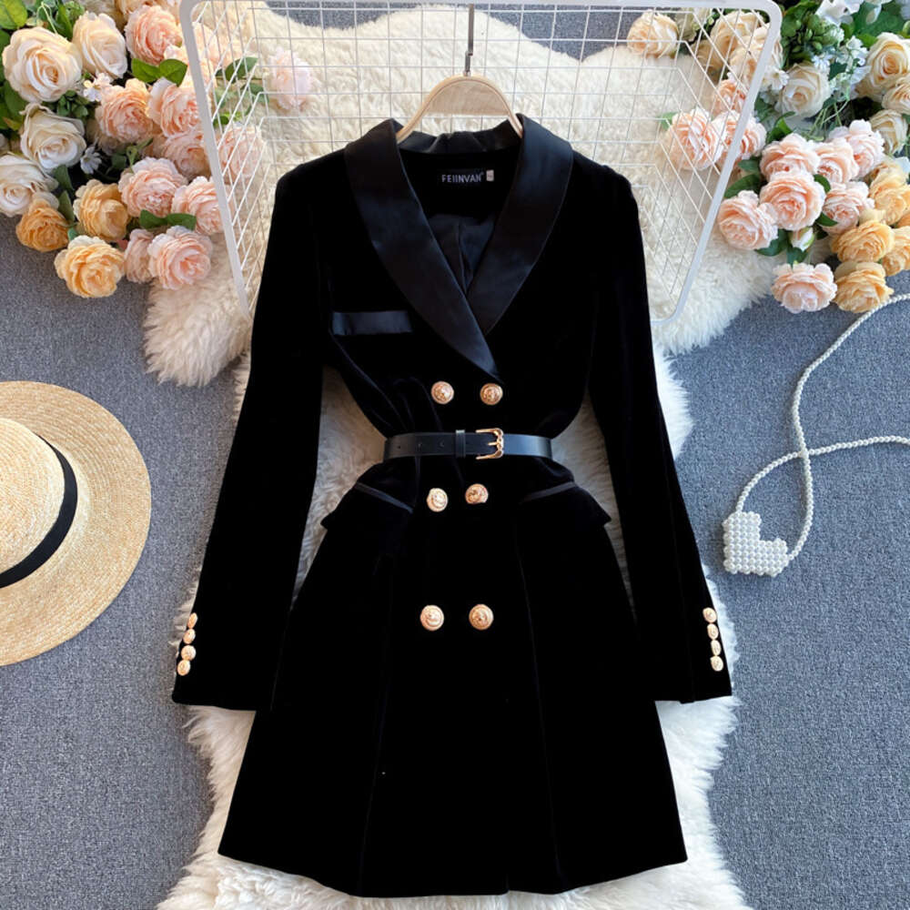 winter dress new womens suit collar Fashion British style double breasted slim velvet dress