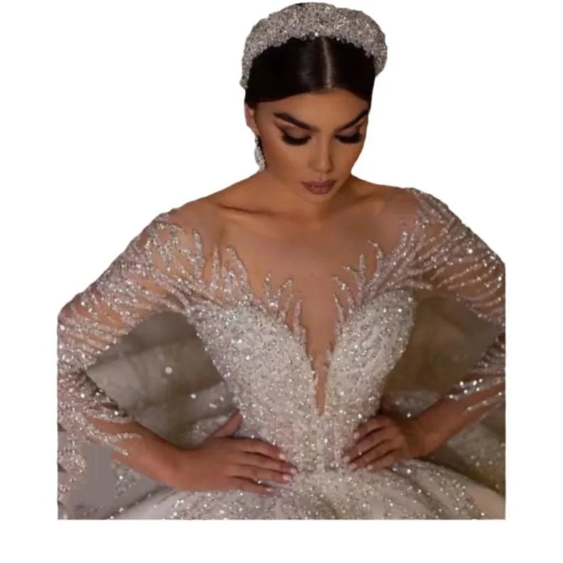 Ball Stunning Princess Wedding Dresses For Women Long Sleeves Turkish Bridal Gowns Backless Sequin Vestido De Noiva 2024 Crystals Arabic Shiny Wed Gow