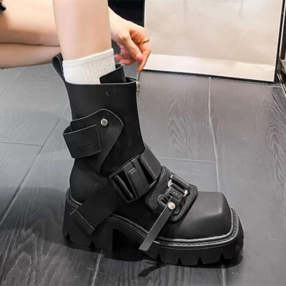 New Fashion Women Motorcycle Genuine Leather Thick Sole Zipper Belt Buckle Ankle Boots Street Modern Shoes