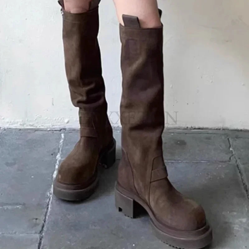 Women Spring Thick-soled Fashion Winter Knee-high Quality Suede Long Comfort Round Toe Botines Mujer Knight Boots