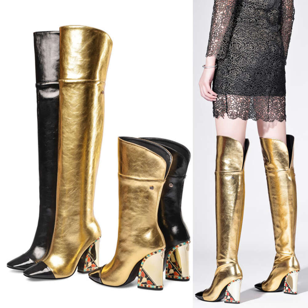 Colored Rhinestone Cowhide Mid Tube/Knee Length Boots Thick Heeled Square Toe Black Gold Runway Performance High Heels